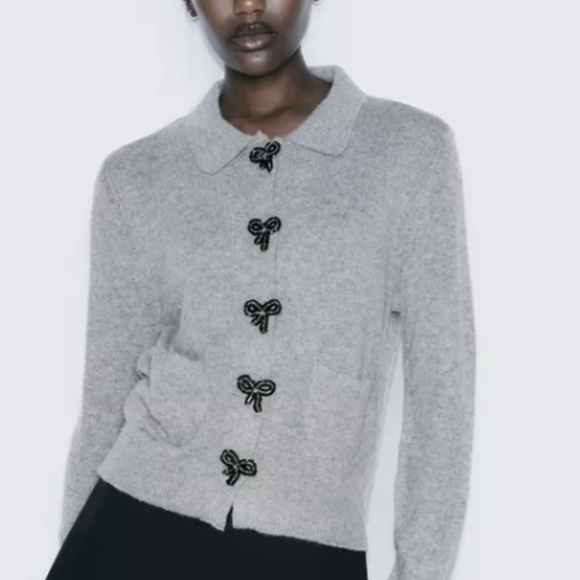 Zara Sweaters - Zara Heather coquette Gray Knit Cardigan with Sequin Buttons and Bows Size Small